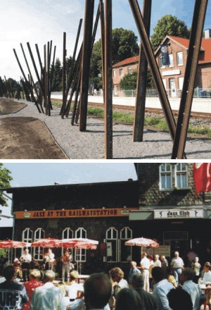 Skulptur Spurensuche am Sutthauser Bahnhof (oben), Jazzfest am Dissener Bahnhof (unten). (Fotos: Atelier Trieb bzw. Jazzclub Dissen) Skulptur Spurensuche am Sutthauser Bahnhof (oben), Jazzfest am Dissener Bahnhof (unten). (Fotos: Atelier Trieb bzw. Jazzclub Dissen)